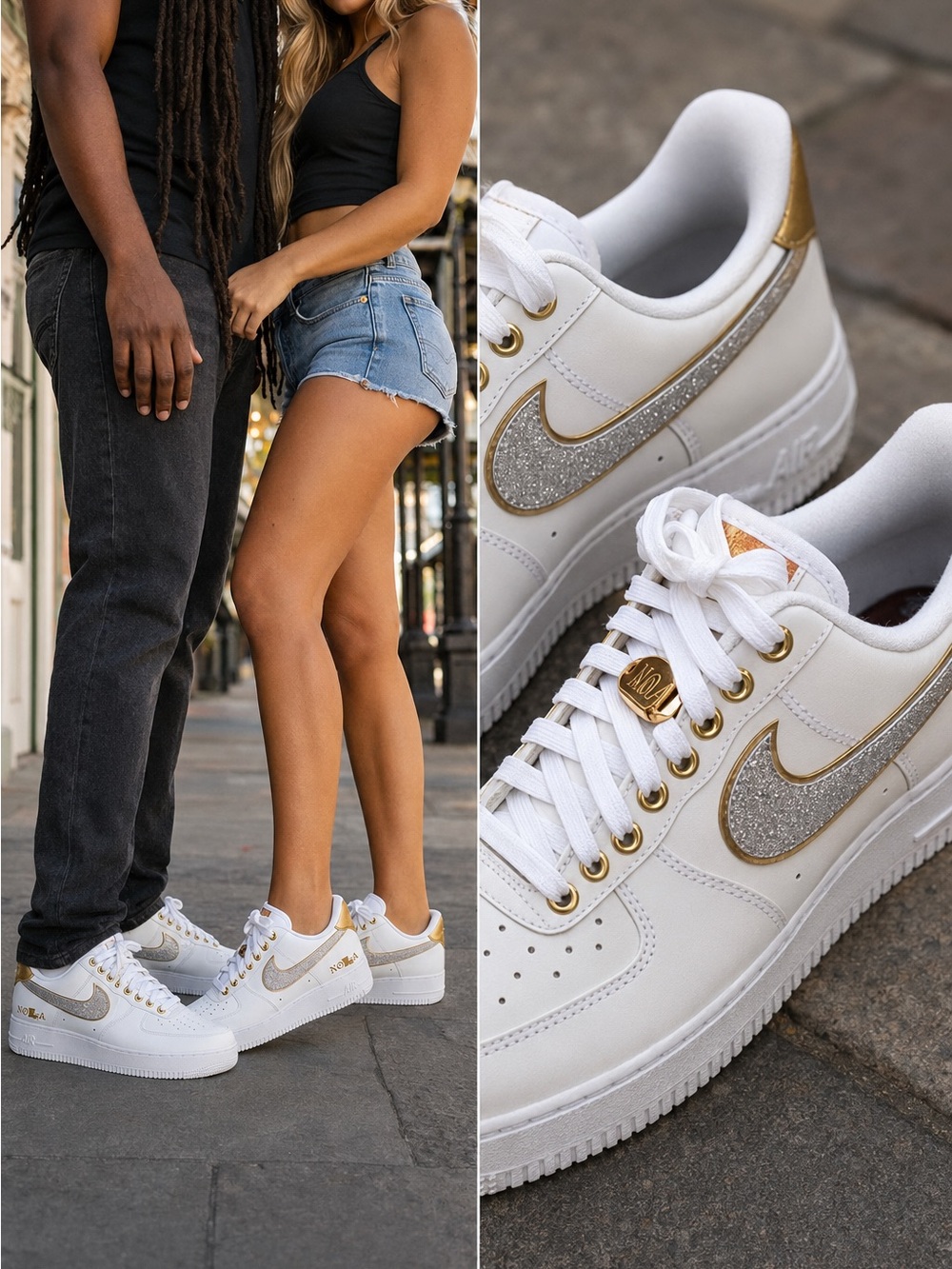 Nike Air Force 1 Low PRM NOLA DZ5425-100 White Gold Silver Sneakers 9.5W 8M